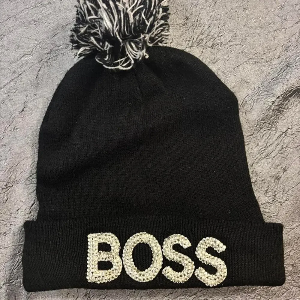 Black beanie with white rhinestone